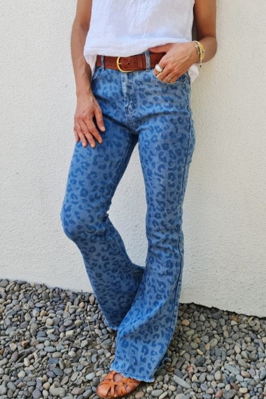 Sky Blue Leopard Print Raw Hem High Waist Flare Jeans - LA Grand