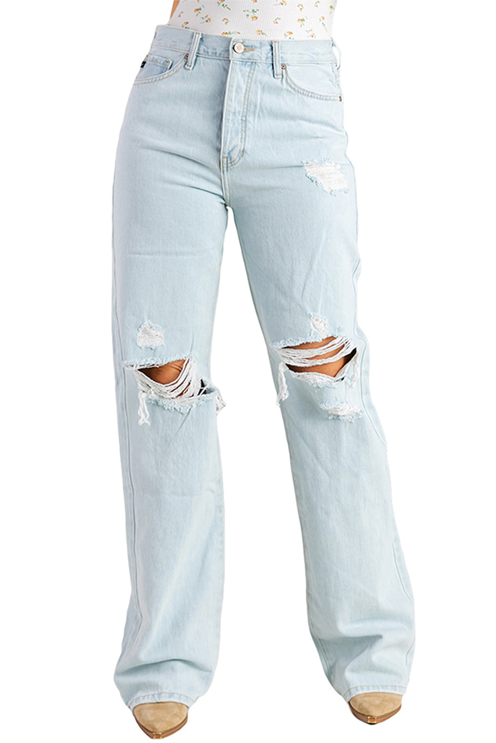 Sky Blue Washed Ripped Knee Wide Legs Jeans - LA Grand