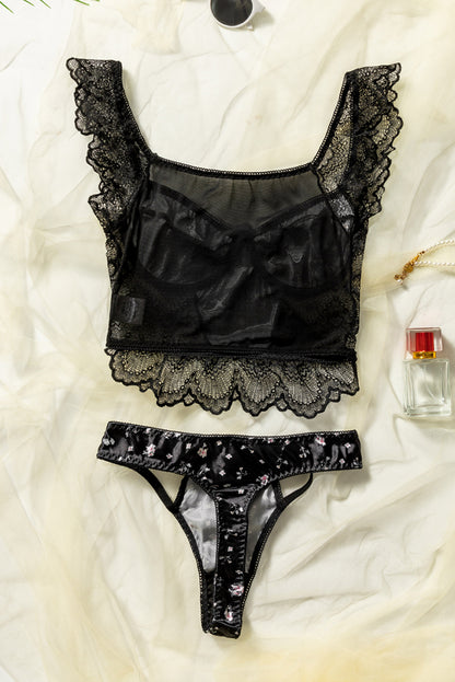 Black Floral Print Sexy Lace Ruffled Lingerie Set - LA Grand