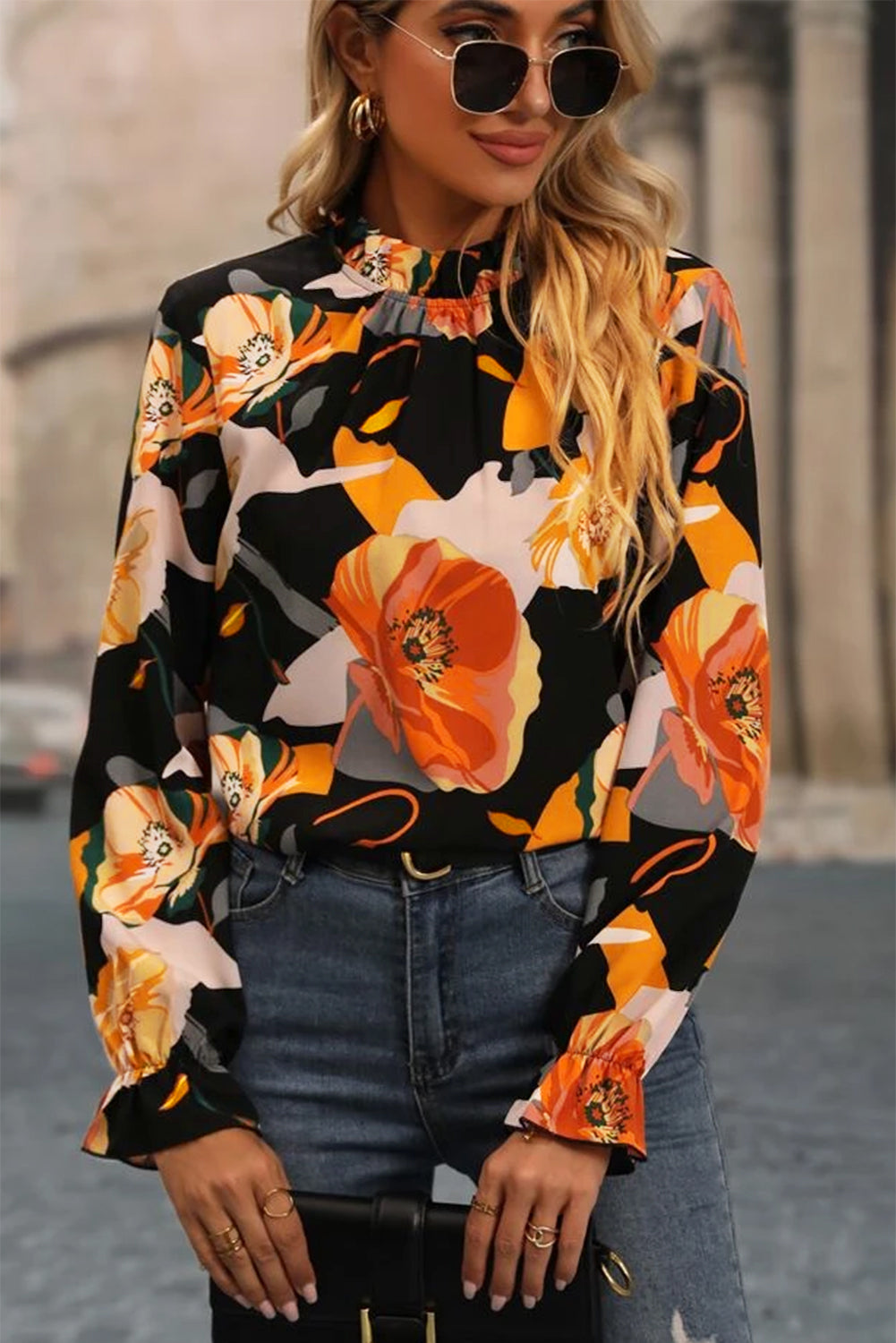 Black Floral Print Mock Neck Blouse - LA Grand