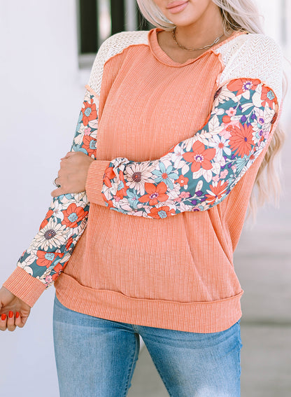 Rose Pink Floral Patchwork Puff Sleeve Textured Blouse - LA Grand