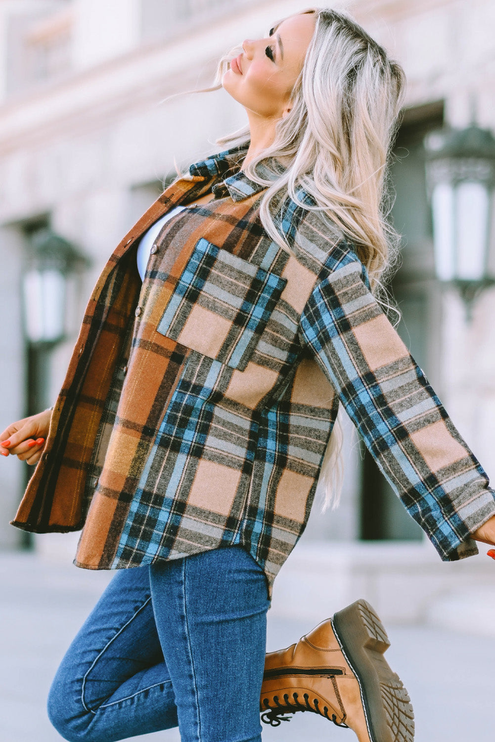 Brown Plaid Color Block Buttoned Shirt with Pockets - LA Grand