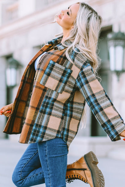 Brown Plaid Color Block Buttoned Shirt with Pockets - LA Grand