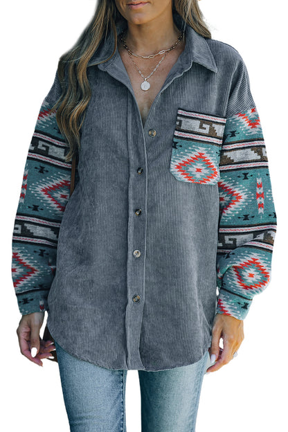 Aztec Pattern Sleeve Pocketed Corduroy Shacket - LA Grand