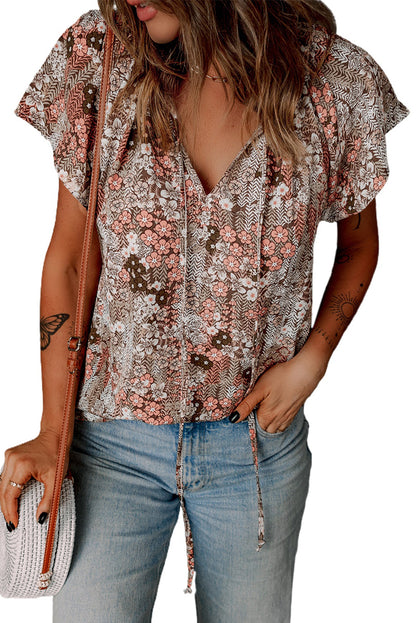 Multicolor V-neck Short Sleeve Fashion Print Fantasy Fluttering Blouse - LA Grand