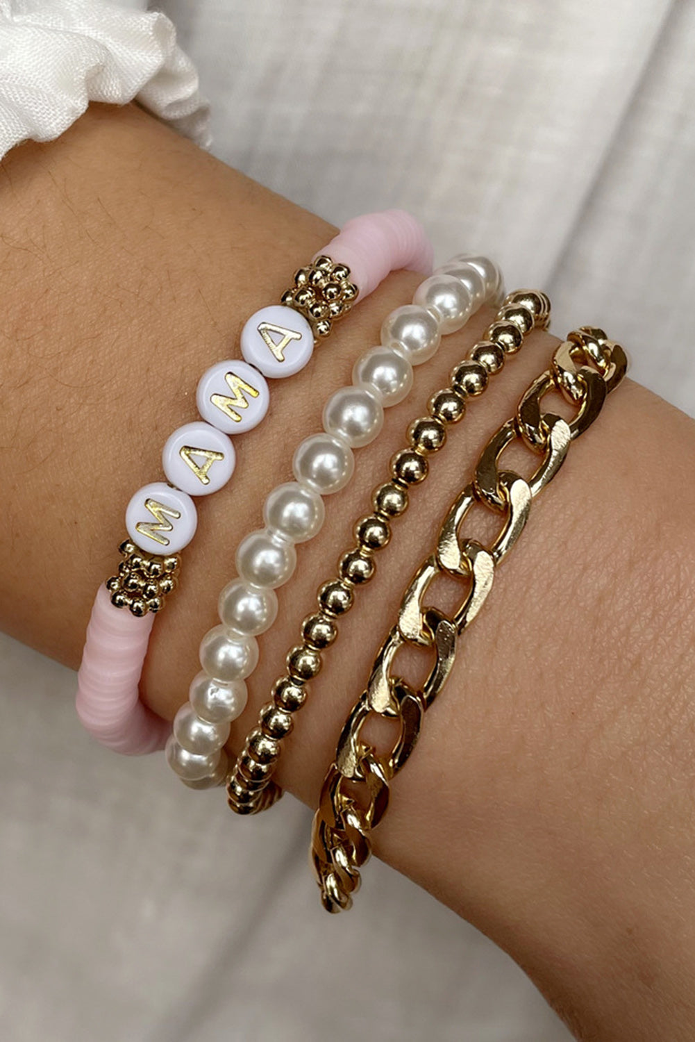 Gold 4PCS MAMA Pearls Beaded Chain Bracelets Set - LA Grand