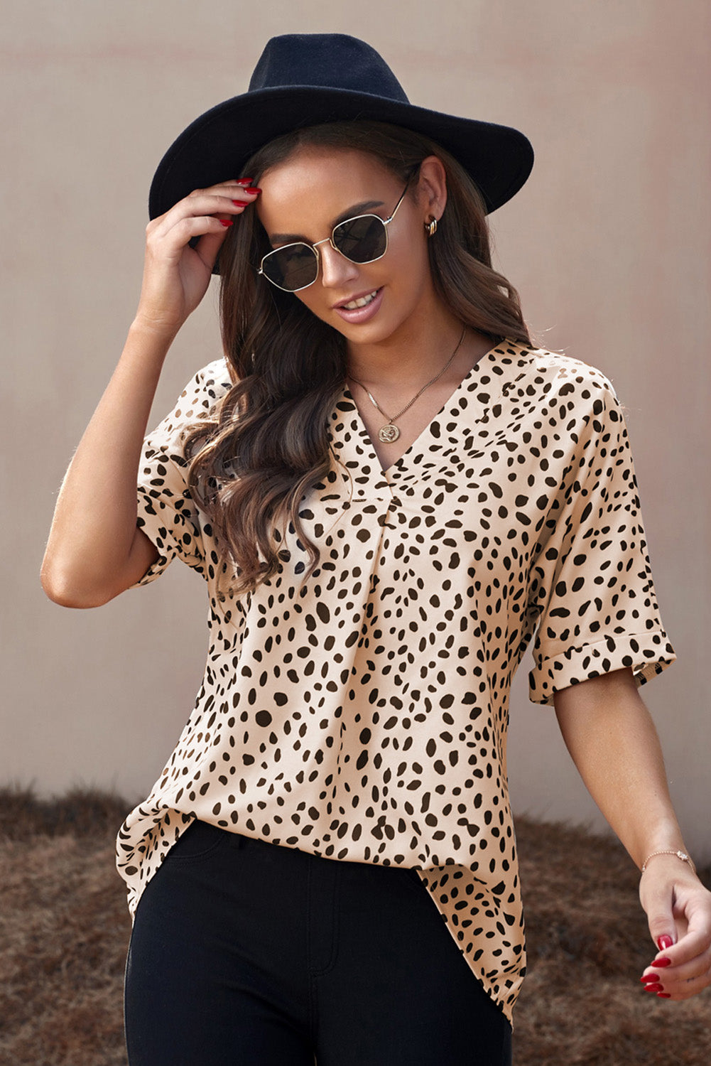 Apricot Animal Print V-neck Rolled Sleeve Tunic Top - LA Grand