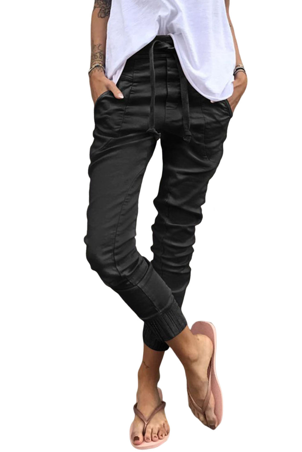 Black High Waist Drawstring Pocketed Pants - LA Grand