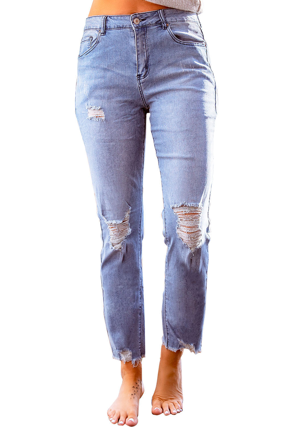 Sky Blue Ripped Slim Fit Washed Jeans - LA Grand