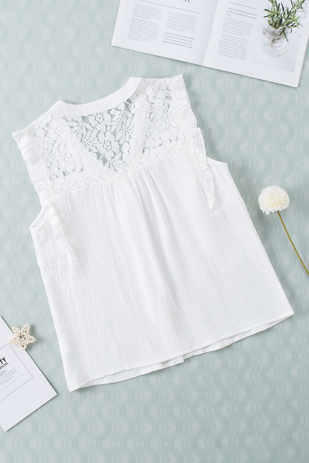 White Floral Lace Crochet Textured Sleeveless Shirt - LA Grand