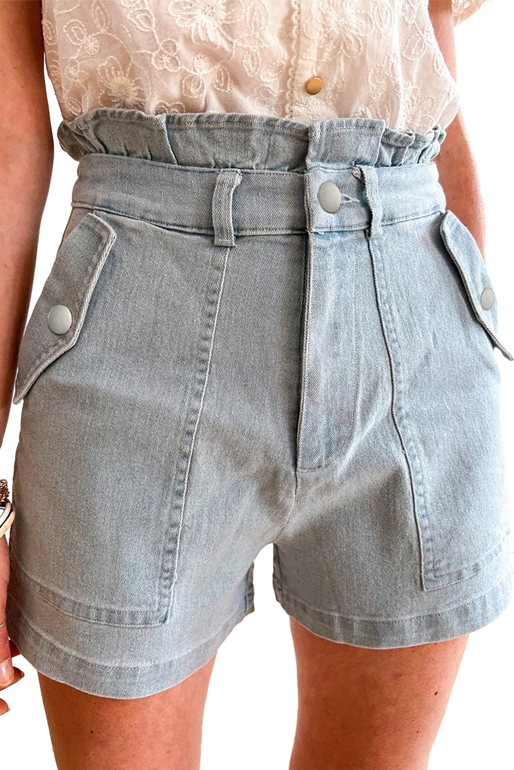 Beau Blue Ruffled High Waist Flap Pockets Denim Shorts - LA Grand