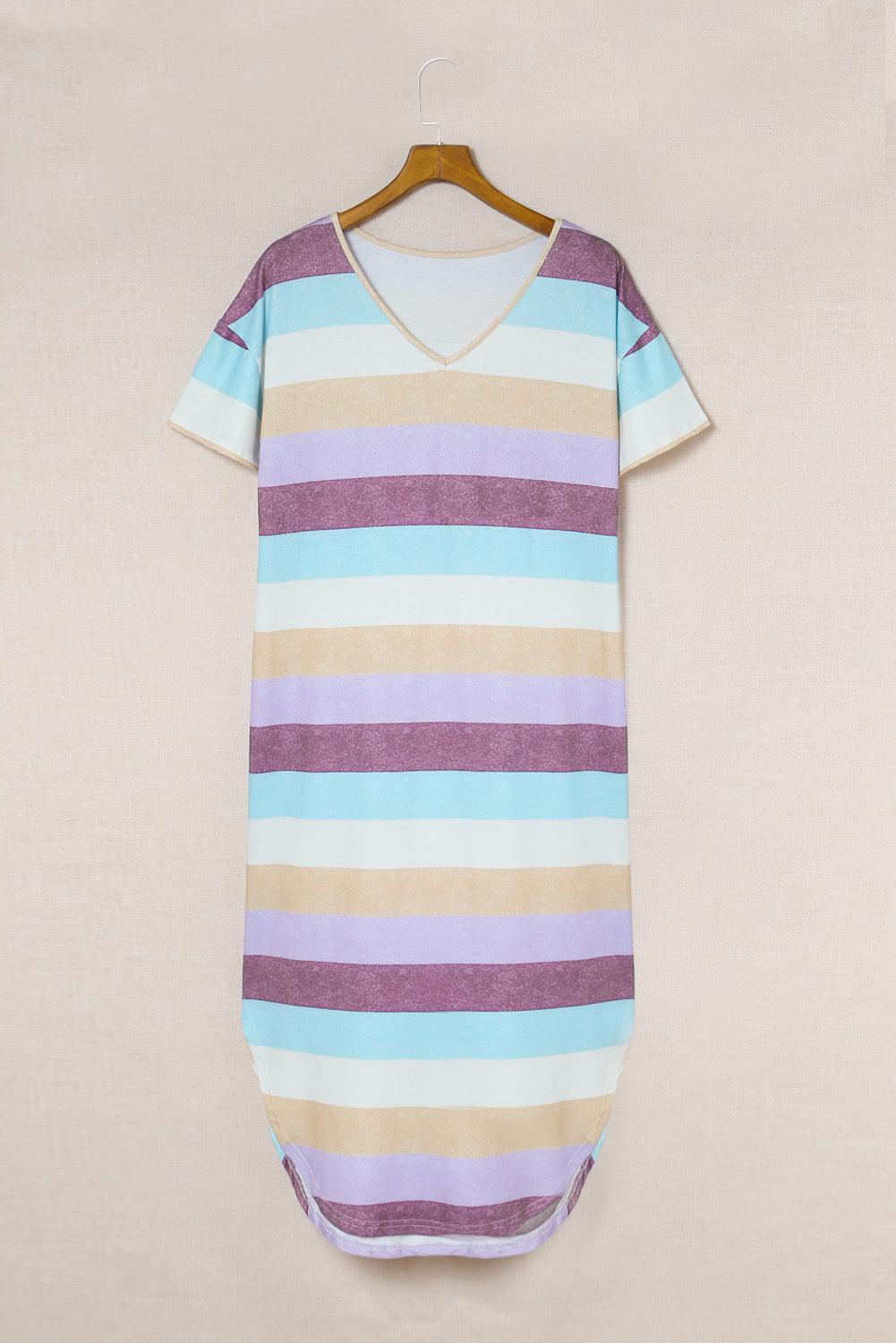 Striped Color Block V Neck T Shirt Midi Dress - LA Grand