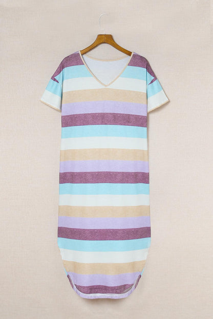 Striped Color Block V Neck T Shirt Midi Dress - LA Grand