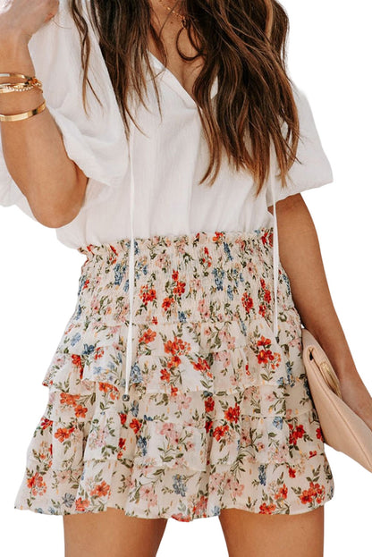 Beige Smocked High Waist Ruffle Tiered Floral Skirt - LA Grand