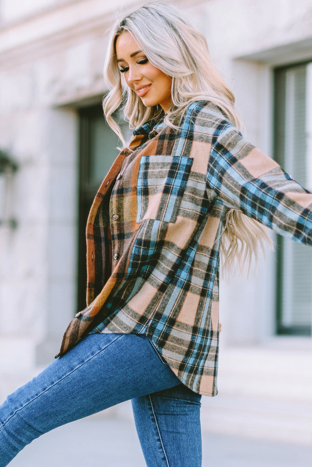 Brown Plaid Color Block Buttoned Shirt with Pockets - LA Grand