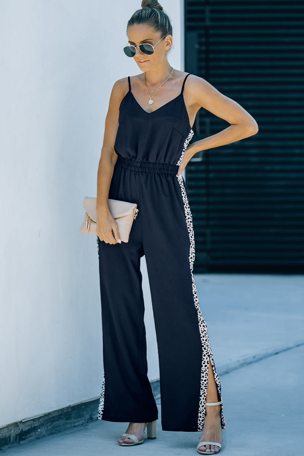 Black Leopard Patchwork Spaghetti Strap Wide Leg Jumpsuit - LA Grand