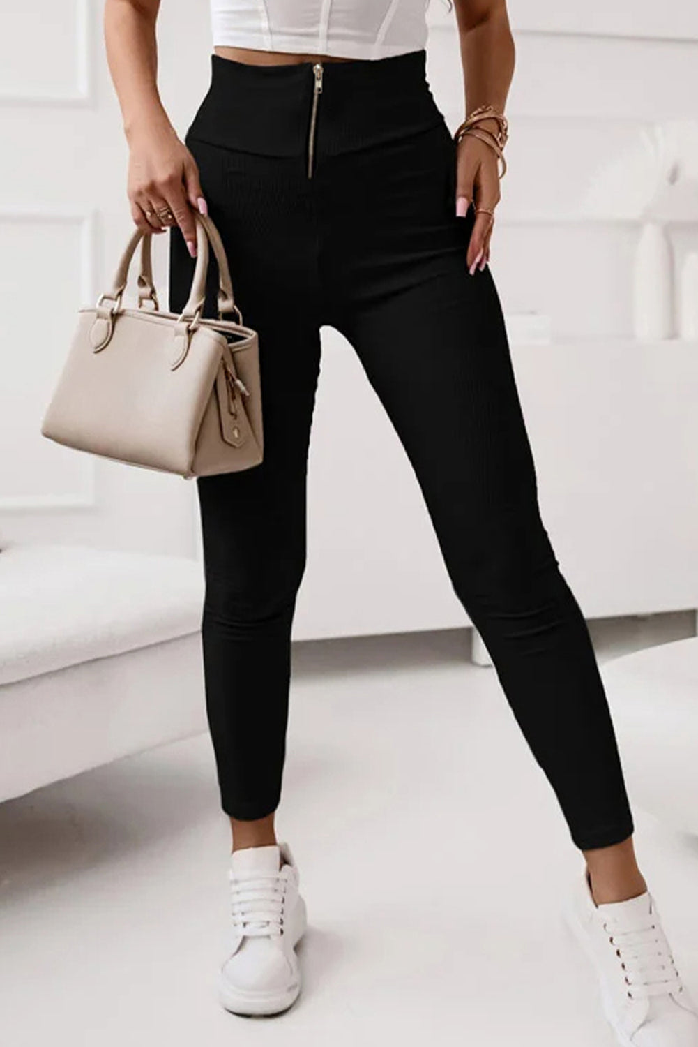 Black Zipper Ribbed Wide Waistband High Rise Leggings - LA Grand