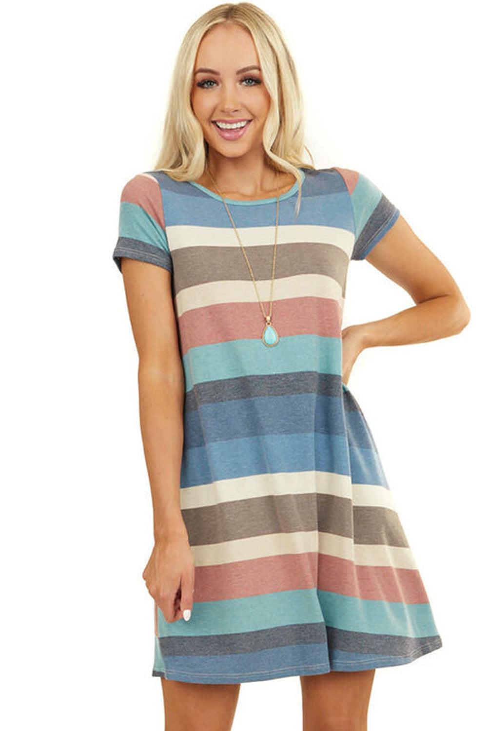 Multicolor Striped Pocket T Shirt Dress - LA Grand