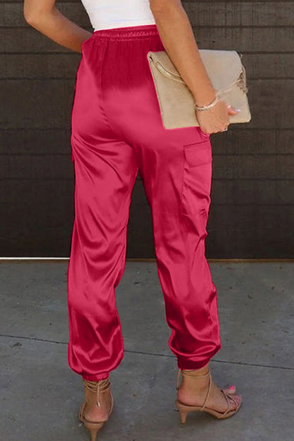 Rose Satin Pocketed Drawstring Elastic Waist Pants - LA Grand