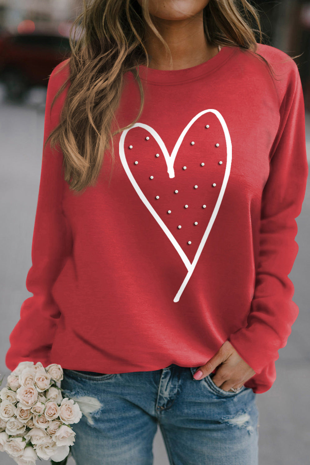 Red Valentine Heart Beaded Graphic Sweatshirt - LA Grand