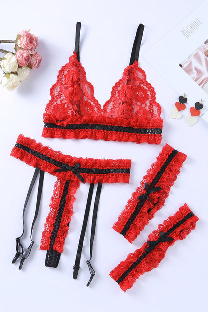 Fiery Red Sheer Lace Contrast Black Trim Lingerie Set - LA Grand