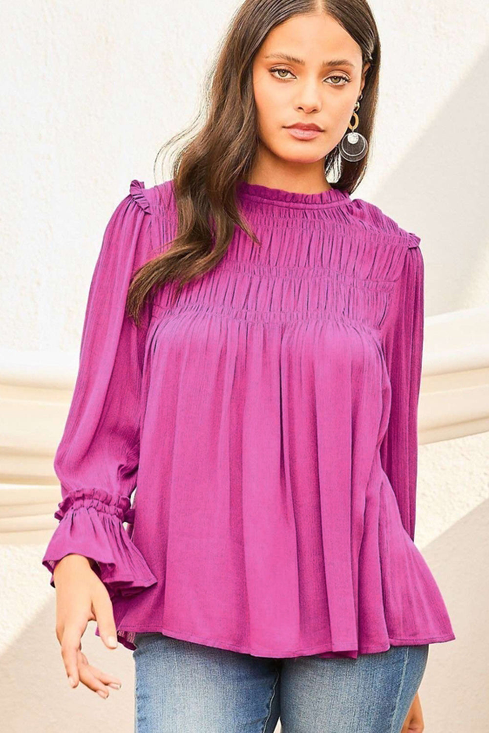 Bright Pink Shirred Button Keyhole Back Flounce Sleeve Blouse - LA Grand