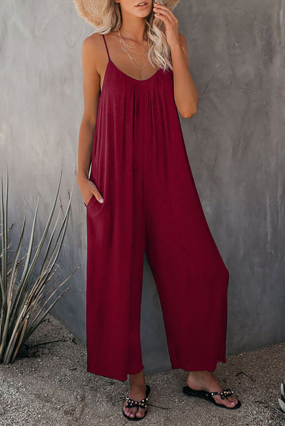 Black Spaghetti Straps Wide Leg Pocketed Jumpsuits - LA Grand