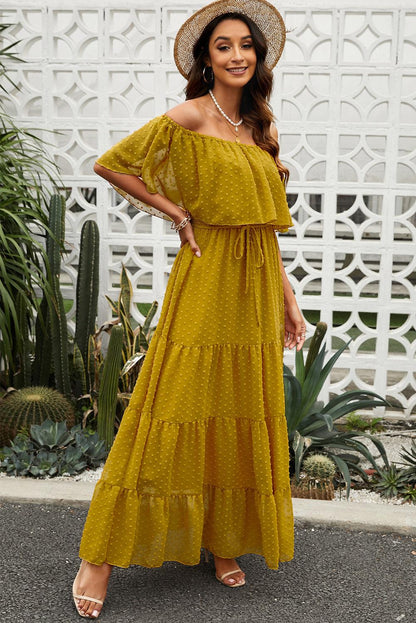 Sky Blue Yellow Yellow Off Shoulder Ruffle Swiss Dot Maxi Dress - LA Grand