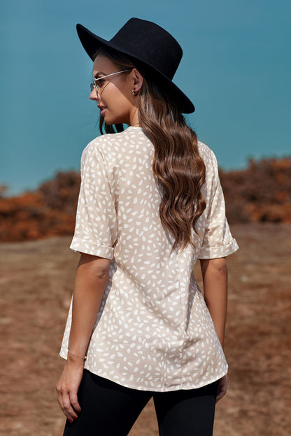 Apricot Animal Print V-neck Rolled Sleeve Tunic Top - LA Grand