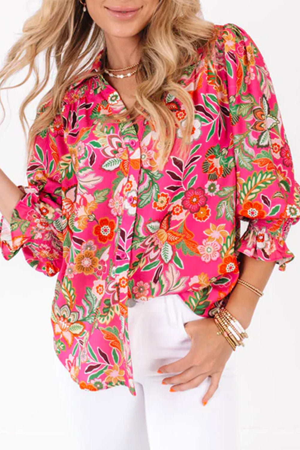 Strawberry Pink Floral Print Smocked Cuff Puff Sleeve Shirt - LA Grand