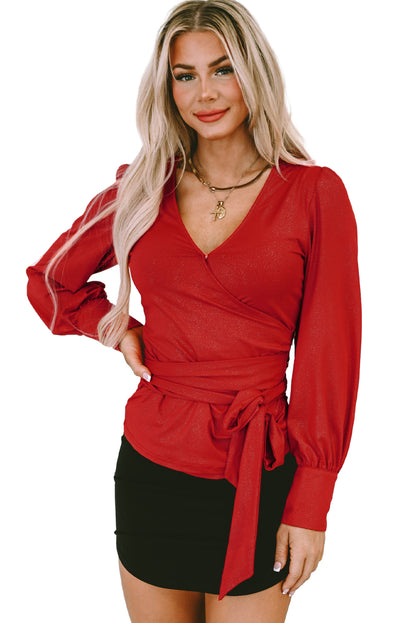 Fiery Red Glitter Wrap V Neck Tie Hem Puff Sleeve Blouse - LA Grand