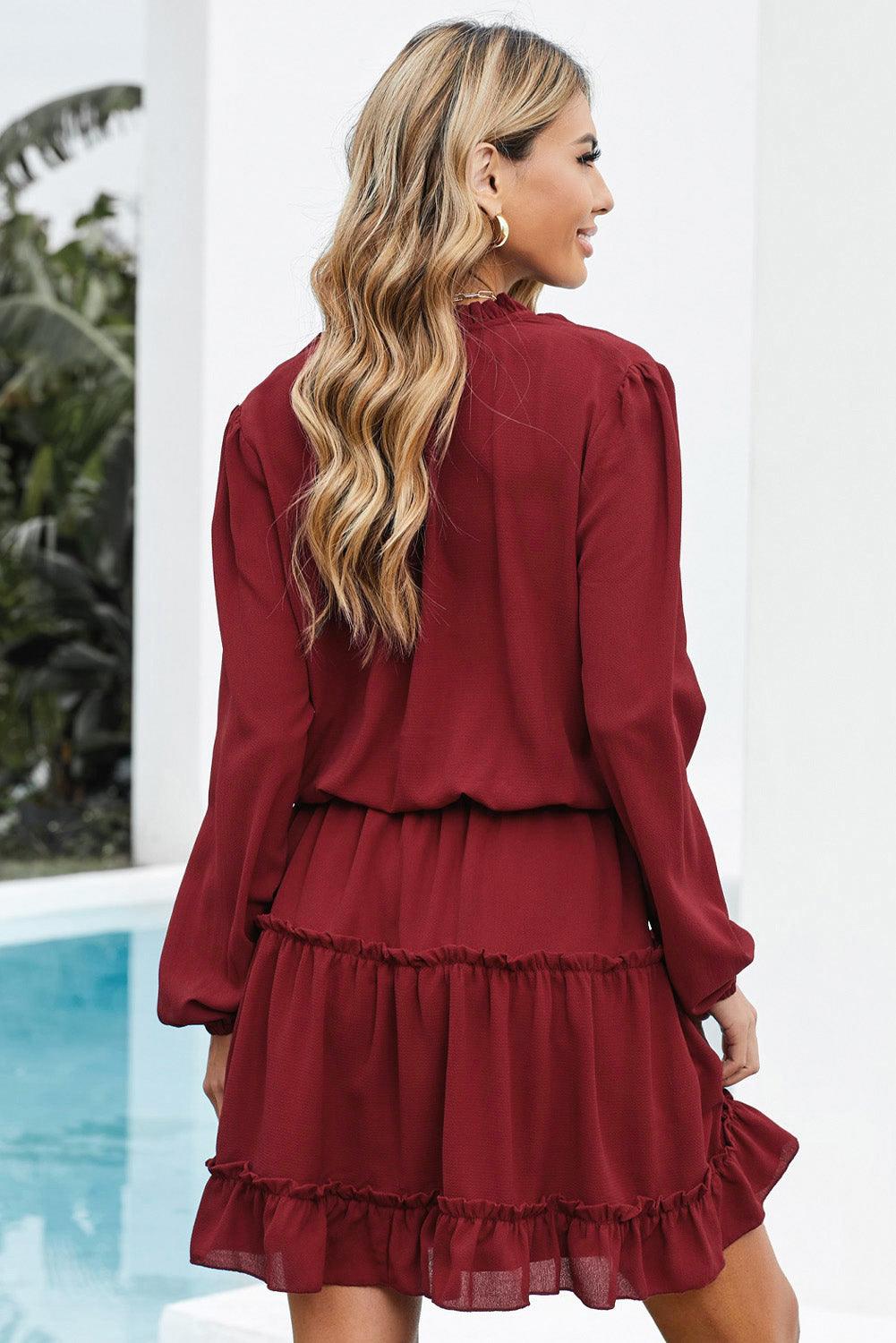 V Neck Long Sleeve Ruffle Tiered Mini Dress - LA Grand