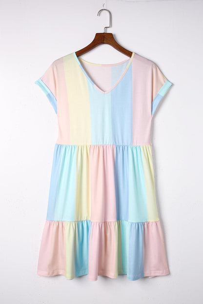 Multicolor Striped Color Block Tiered Mini Dress - LA Grand