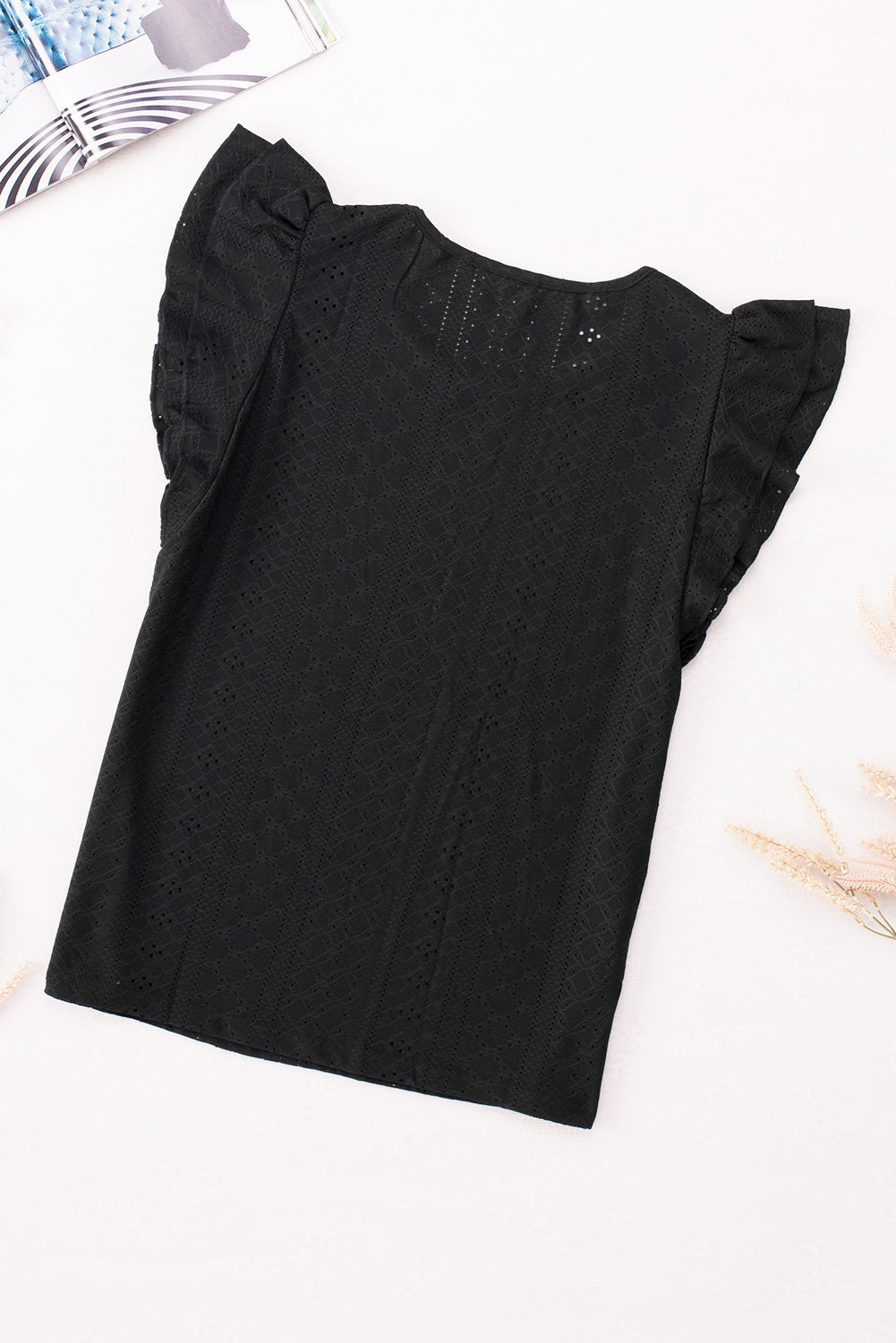 Black Rhombus Textured Ruffle Short Sleeve Blouse - LA Grand