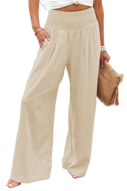 Sky Blue Smocked Wide Waistband High Waist Wide Leg Pants - LA Grand