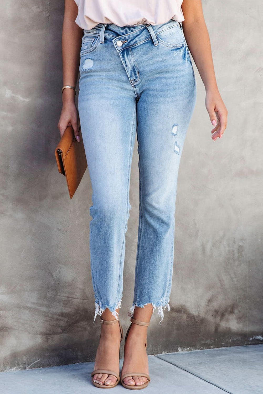 Sky Blue Cross Over Waist Raw Edge Cropped Jeans - LA Grand