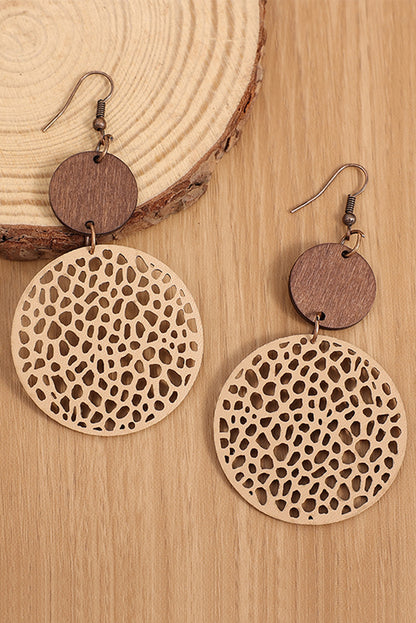 Beige Hollow Out Wooden Round Drop Earrings - LA Grand