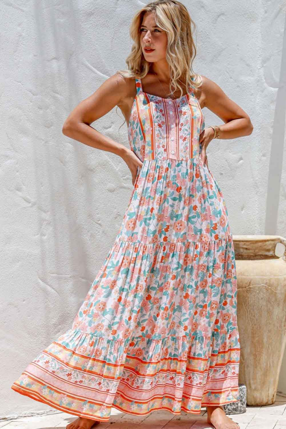 Orange Boho Floral Print Sleeveless Tiered Maxi Dress - LA Grand