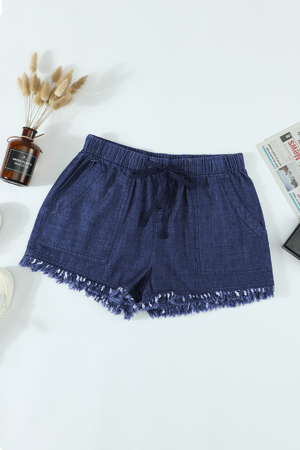 Dark Blue Casual Pocketed Frayed Denim Shorts - LA Grand