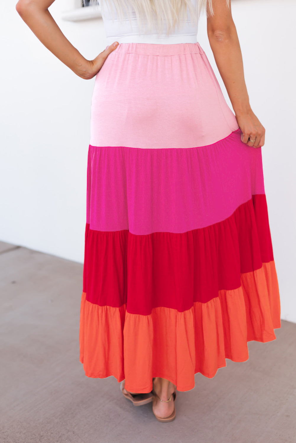 Pink Color Block Tiered Drawstring High Waist Maxi Skirt - LA Grand