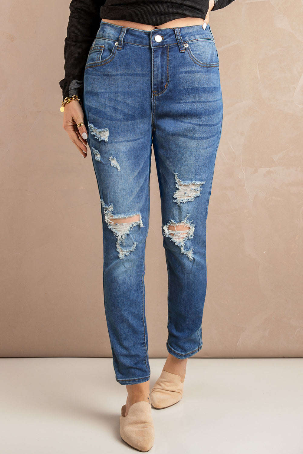 Blue Hollow Out Vintage Skinny Ripped Jeans - LA Grand