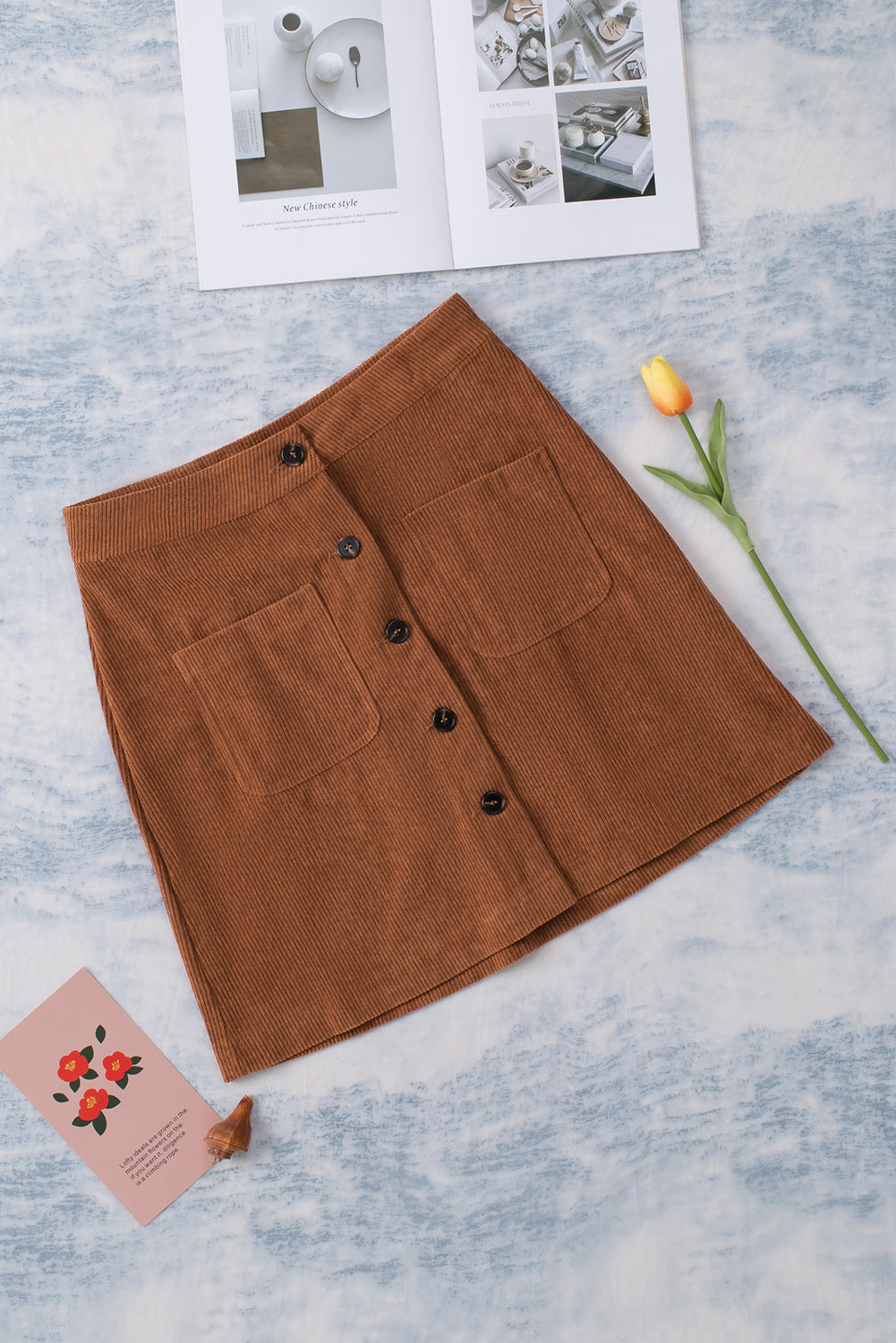 Brown Buttons Front Corduroy Mini Skirt - LA Grand