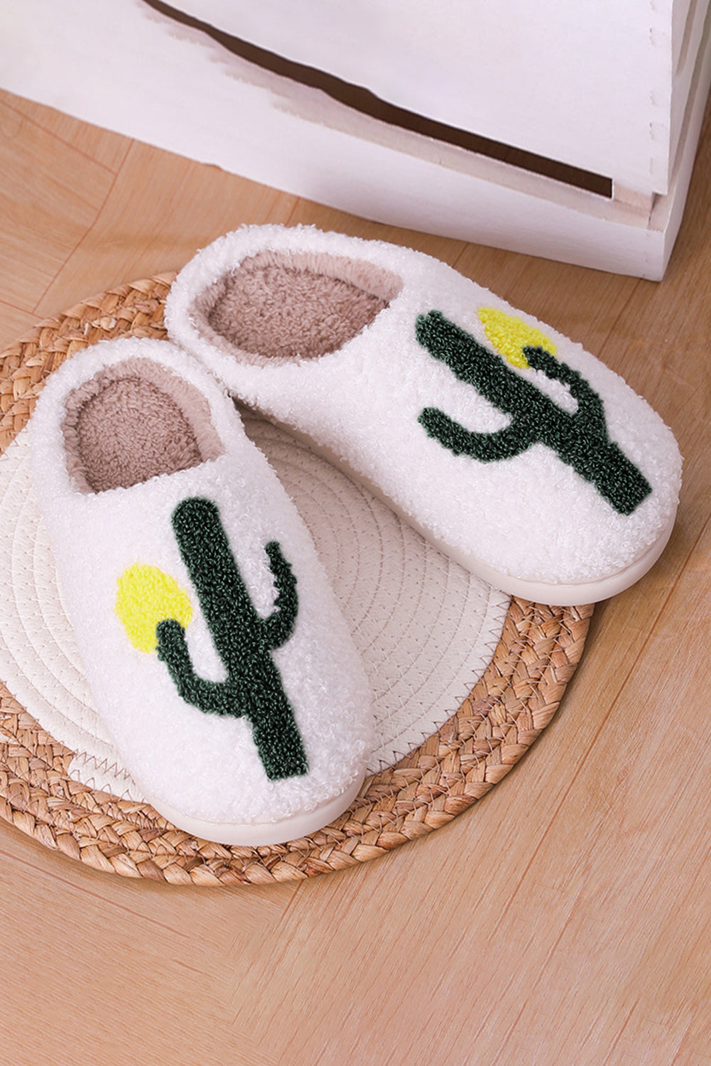 White Fuzzy Cactus Pattern Winter Home Slippers - LA Grand