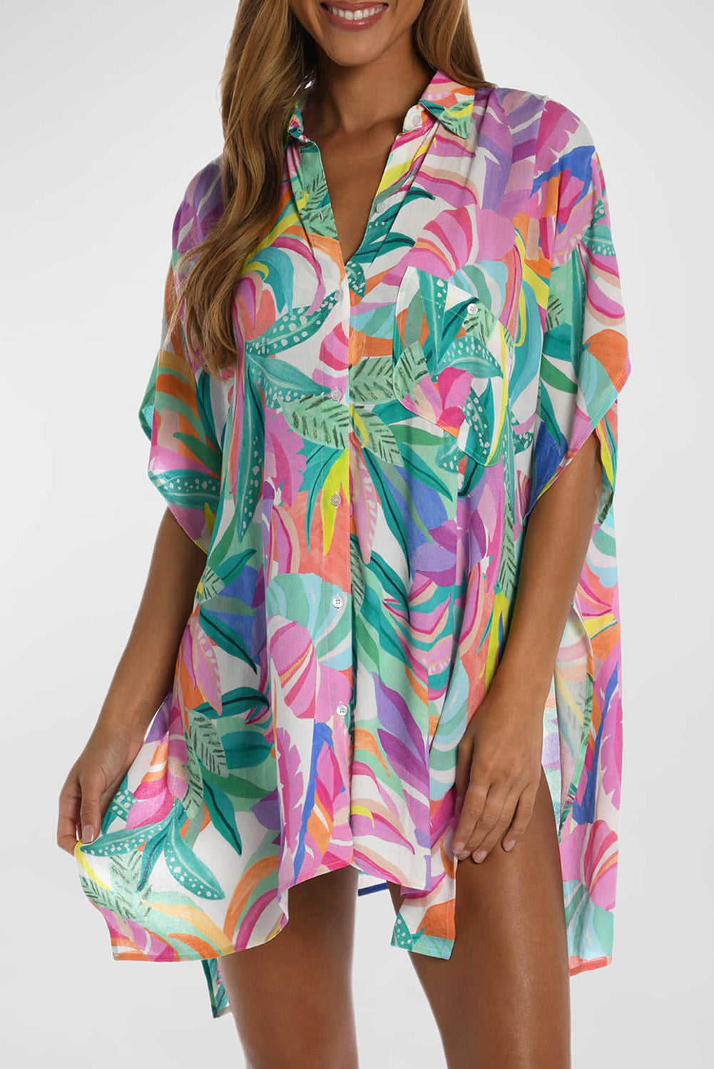 Multicolor Plant Print Button-up Half Sleeve Beach Cover Up - LA Grand