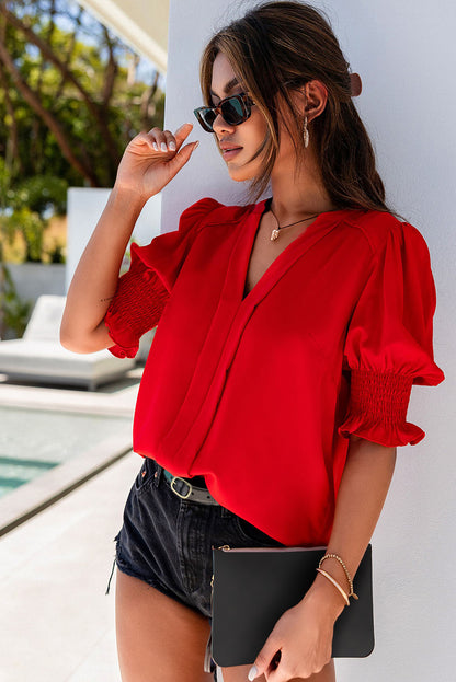 Fiery Red Solid Color Half Sleeve V Neck Blouse - LA Grand