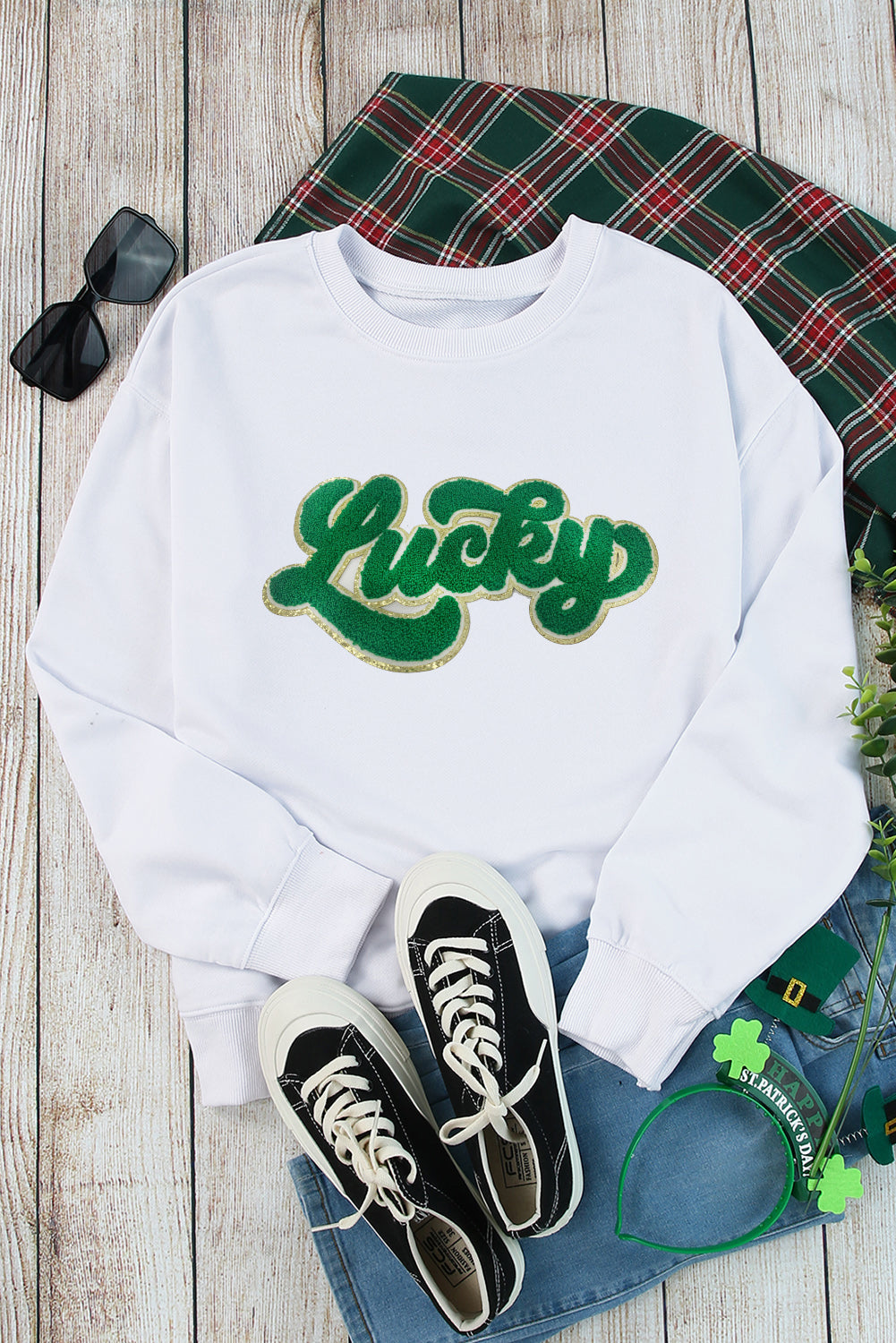 White Shiny Trim Chenille Lucky Pattern Sweatshirt - LA Grand