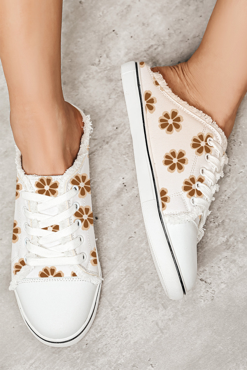 White Flower Print Raw Hem Slip On Canvas Shoes - LA Grand