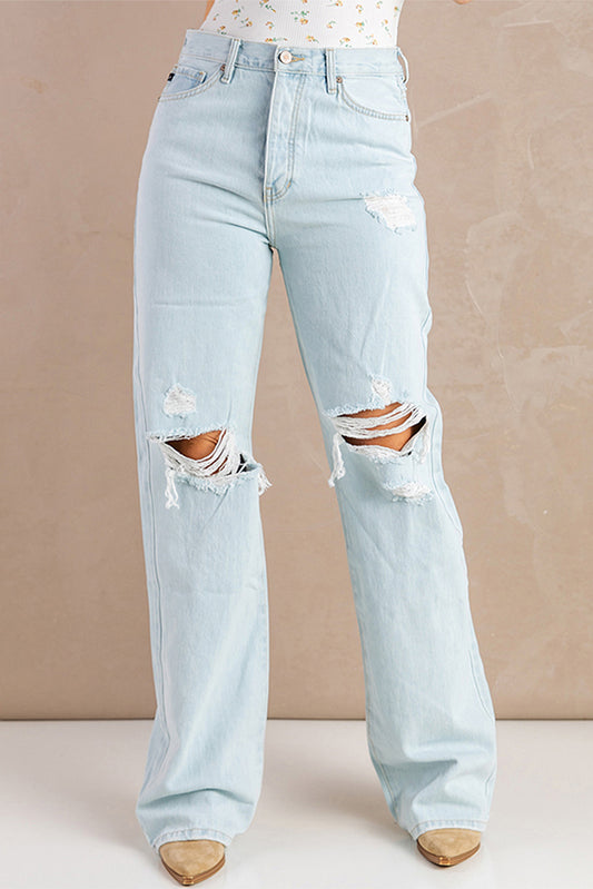 Sky Blue Washed Ripped Knee Wide Legs Jeans - LA Grand