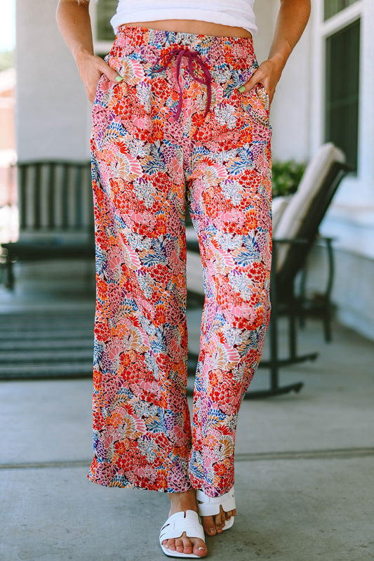 Fiery Red Gorgeous Print Drawstring Smocked High Waist Pants - LA Grand