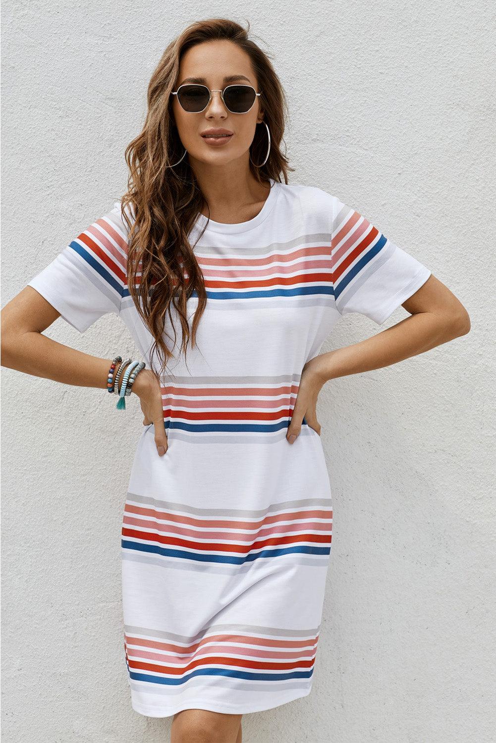 Striped Print Round Neck T-shirt Mini Dress - LA Grand